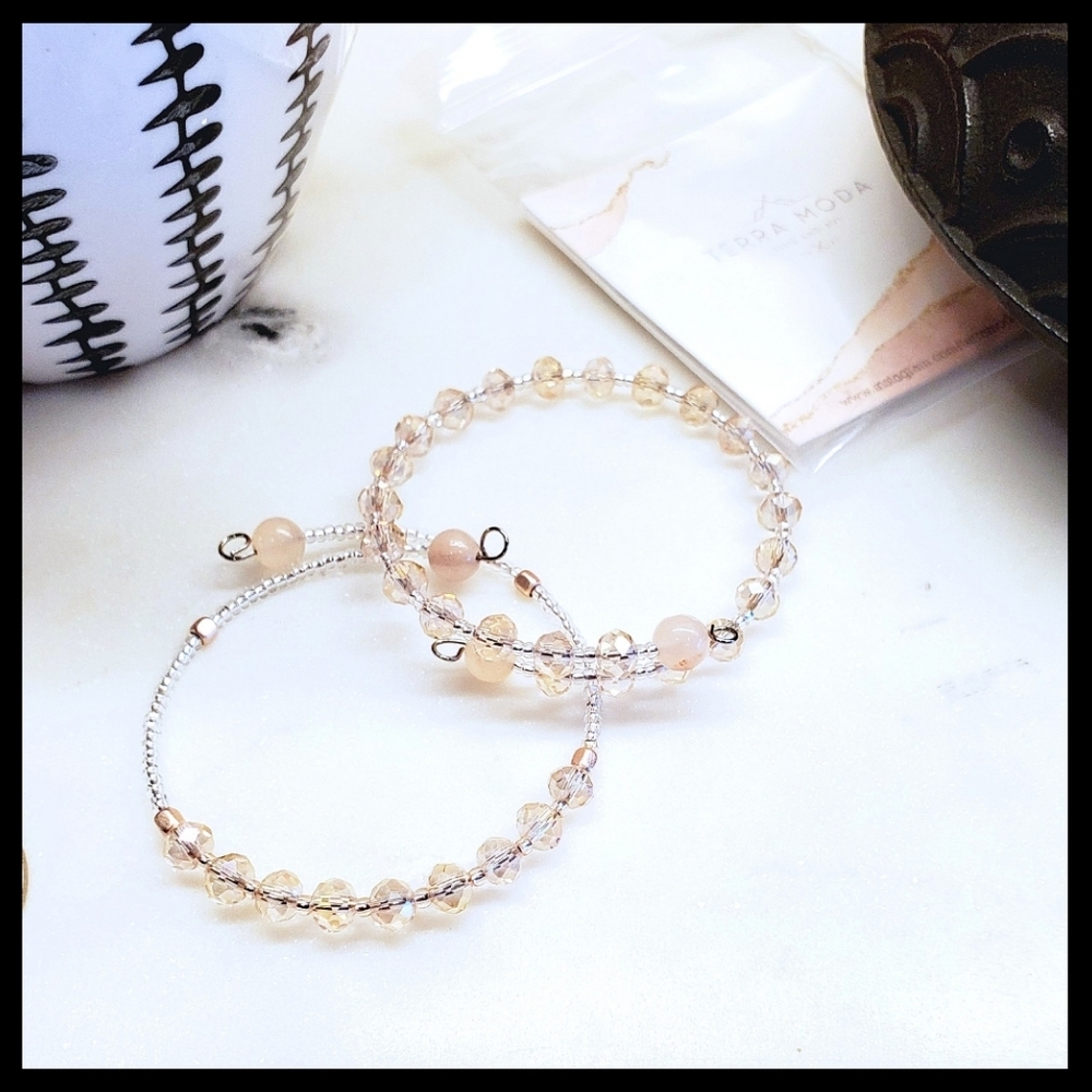 Pink Opal and Rose Gold Beaded Bangle Set
